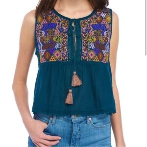 Free People Lohri Embroidered Top Size S Teal Blue Boho Tassels Hippie Goddess